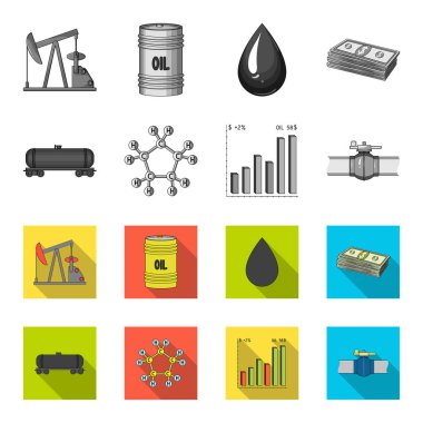 Demiryolu tank, kimyasal formülü, petrol fiyat tablosu, boru hattı valf. Yağ toplama simgeler tek renkli, düz stil vektör simge stok çizim web ayarla..