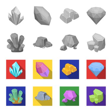 Kristaller, demir cevheri. Değerli mineraller ve bir kuyumcu toplama simgeler tek renkli, düz stil vektör simge stok çizim web ayarla.