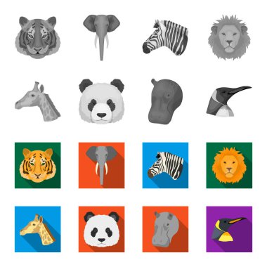Panda, zürafa, su aygırı, Penguen, gerçekçi hayvanları tek renkli, düz stil vektör simge stok çizim web simgeler ayarla.