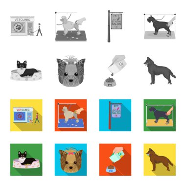 Bir tembel, bir namlu bir hayvan, bir besleme ile bir kase, çoban köpeği dişlerini bir top ile bir köpek. Evcil Hayvan, köpek bakım toplama simgeler tek renkli, düz stil vektör simge stok çizim web ayarla.