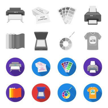 Tarayıcı, renk paleti ve diğer ekipmanlar. Tipografi toplama simgeler tek renkli, düz stil vektör simge stok çizim web ayarla..