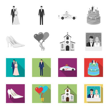 Düğün ve öznitelikler tek renkli, set koleksiyonu tasarım için düz simgeler. Sembol stok web illüstrasyon vektör yeni evliler ve aksesuarları.