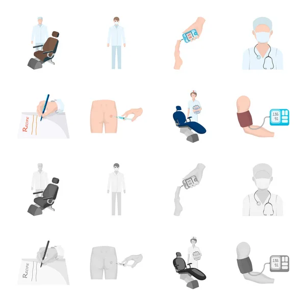 Intramusculaire injectie, recept, tandarts, bloeddruk meting. Medicineset collectie iconen in de tekenfilm, zwart-wit stijl vector symbool stock illustratie web. — Stockvector