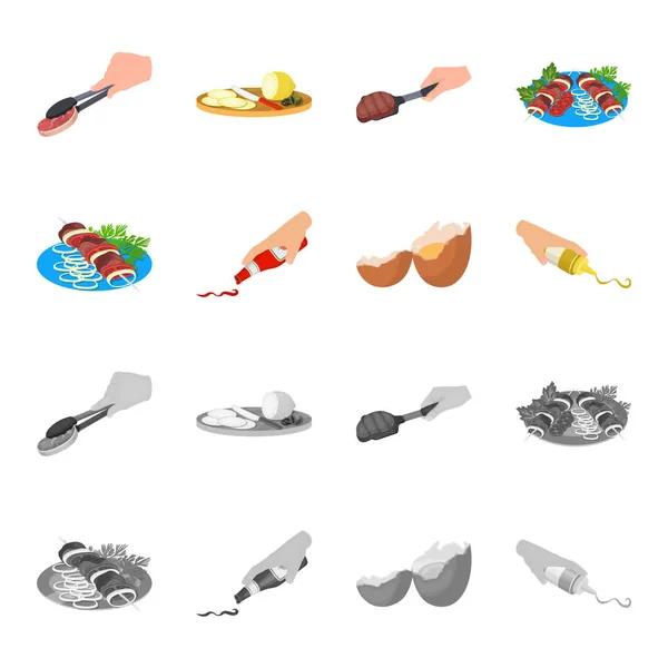 Kebab shish con verduras, ketchup y mostaza, condimento para la comida, huevo roto. Comida y cocina conjunto de iconos de la colección en la historieta, el estilo monocromo vector símbolo stock ilustración web . — Vector de stock