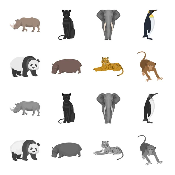 Oso de bambú, hipopótamo, tigre animal salvaje, mono. Conjunto de animales salvajes iconos de la colección en la historieta, el estilo monocromo vector símbolo stock illustration web . — Archivo Imágenes Vectoriales