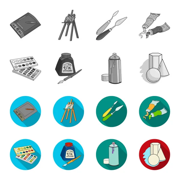 Balonchik boyalar, boya, sulu boya bir kutu içinde tüplerini mürekkep bir şişe ve bir kalem. Sanatçı ve tek renkli, düz stil vektör simge stok çizim web çizim küme koleksiyon simgeler.