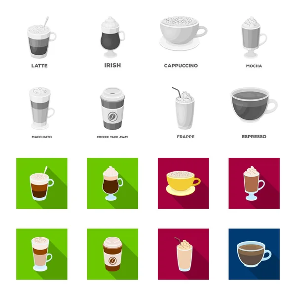 Mocha, macchiato, frappe, tomar café.Diferentes tipos de ícones de coleção de café conjunto em monocromático, estilo plano símbolo vetorial web ilustração estoque . —  Vetores de Stock