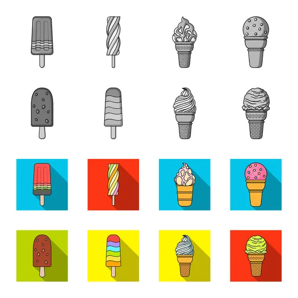 Fagylalt a bottal, egy waffle kúp és más fajok. Ice cream készlet gyűjtemény ikonok fekete-fehér, lapos stílusú vektor szimbólum stock illusztráció web. — Stock Vector