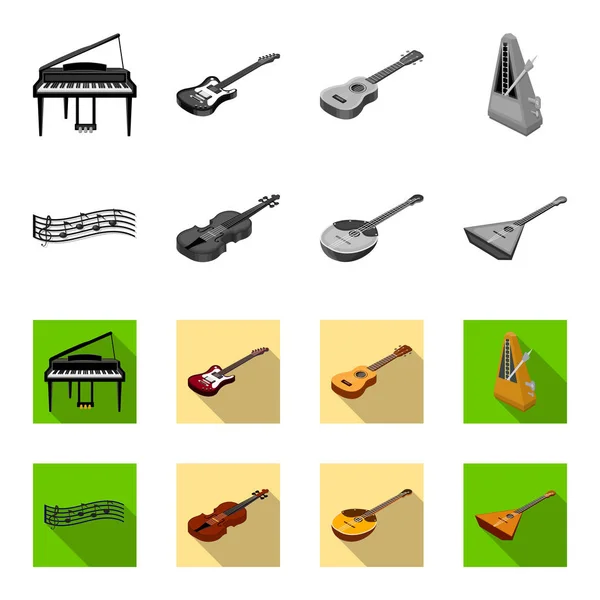 Instrumento musical monocromático, ícones planos em coleção de conjuntos para design. Instrumento de corda e vento isométrico vetor símbolo web ilustração . — Vetor de Stock