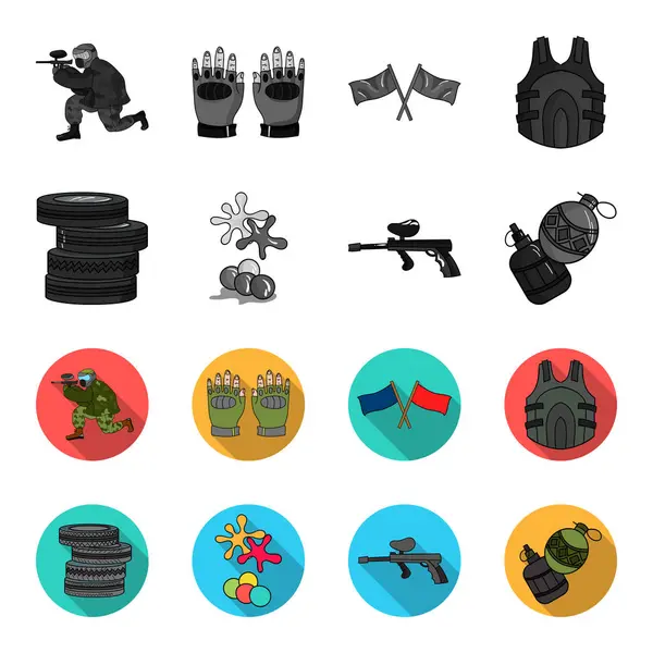 Concurso, concurso, equipo, neumáticos .Paintball conjunto de iconos de la colección en monocromo, plano estilo vector símbolo stock ilustración web . — Archivo Imágenes Vectoriales