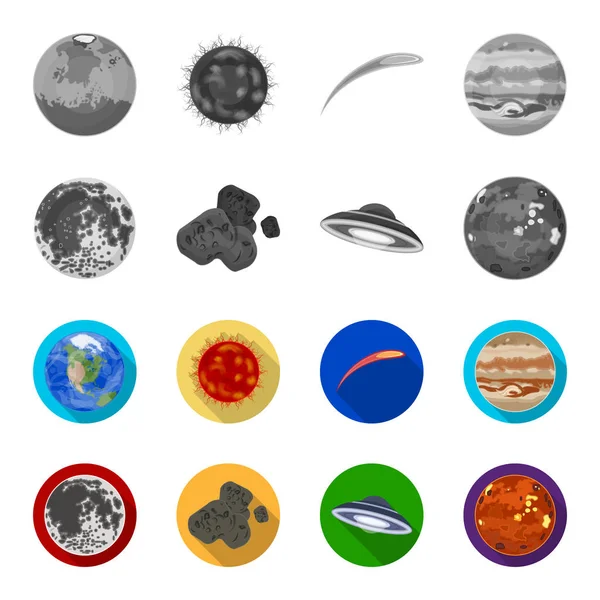 Mond, Venus des Planeten des Sonnensystems. Nil, ein Meteorit. Planeten setzen Sammlung Symbole in monochromen, flachen Stil Vektor Symbol Stock Illustration Web. — Stockvektor