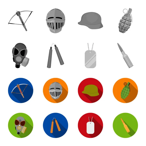 Máscara de gas, nunchak, munición, token de soldado. Armas conjunto colección iconos en monocromo, plano estilo vector símbolo stock ilustración web . — Vector de stock