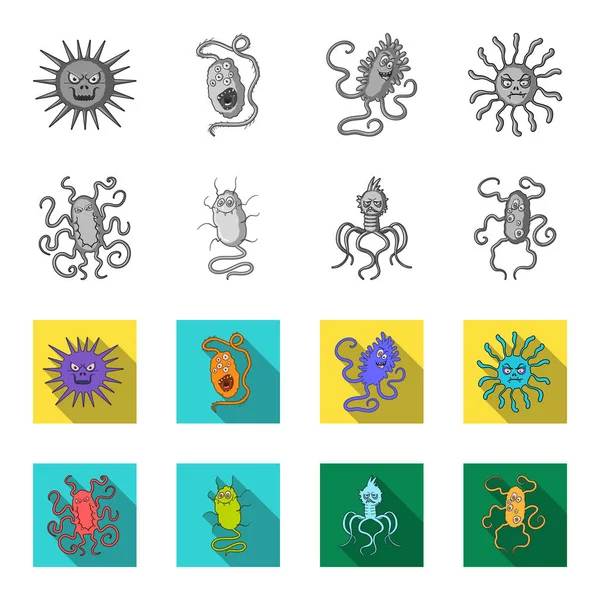 Diferentes tipos de microbios y virus. Los virus y bacterias establecen iconos de colección en monocromo, vector de estilo plano símbolo stock ilustración web . — Vector de stock