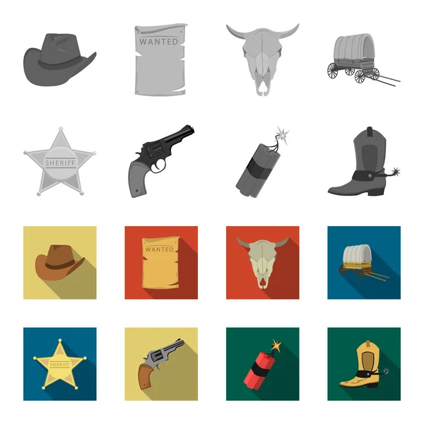 Csillagos sheriff, Colt, dinamit, cowboy boot. Wild West készlet gyűjtemény ikonok fekete-fehér, lapos stílusú vektor szimbólum stock illusztráció web. — Stock Vector