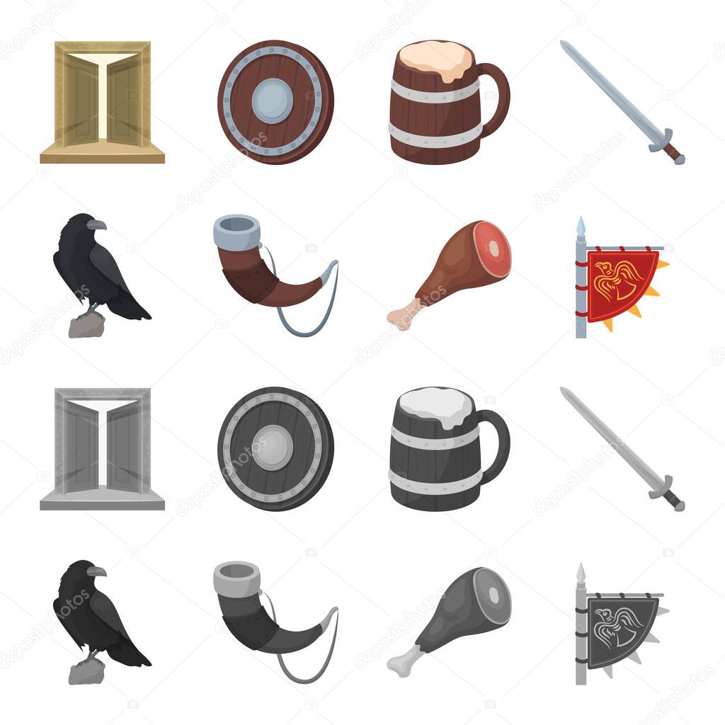 Sitting crow, horn with drink, ham, victory flag. Vikings set collection icons in cartoon,monochrome style vector symbol stock illustration .