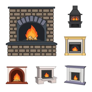 Şömine çeşitleri set koleksiyonu tasarım için simgeleri karikatür. Şömineler inşaat vektör simge stok web çizimi.