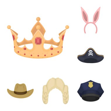 Şapka çeşitleri set koleksiyonu tasarım için simgeleri karikatür. Headdress vektör simge stok web çizimi.