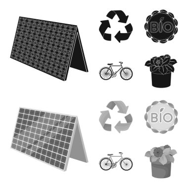 Biyo etiket, eco motor, güneş paneli, işareti geri dönüşüm. Biyoloji ve ekoloji toplama simgeler siyah, tek renkli stil vektör simge stok çizim web ayarla.