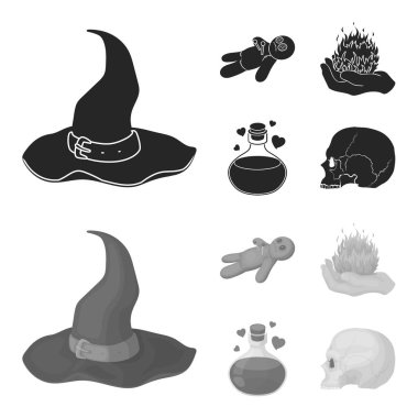 Bir vudu bebeği, büyülü bir yangın, aşk iksiri, bir kafatası. Siyah ve beyaz büyü toplama simgeler siyah, monochrom stil vektör simge stok çizim web içinde ayarla..