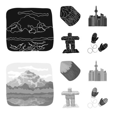 Göller, dağlar, Si-tr kule ve diğer sembollerin Canada.Canada toplama simgeler siyah, tek renkli stil vektör simge stok çizim web ayarla.