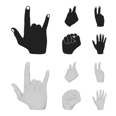 Açık yumruk, zafer, cimri. El hareketi toplama simgeler siyah, monochrom stil vektör simge stok çizim web içinde ayarla..