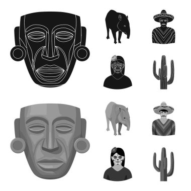Tapir Meksika hayvan, panço, bir çiçek, bir kaktüs bir kadınla ulusal giysileri içinde bir Meksikalı. Meksika ülke toplama simgeler siyah, monochrom stil vektör simge stok çizim web içinde ayarla..