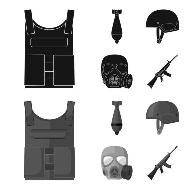 Kurşun geçirmez yelek, benim, kask, gaz maskesi. Askeri ve ordu toplama simgeler siyah, tek renkli stil vektör simge stok çizim web ayarla.