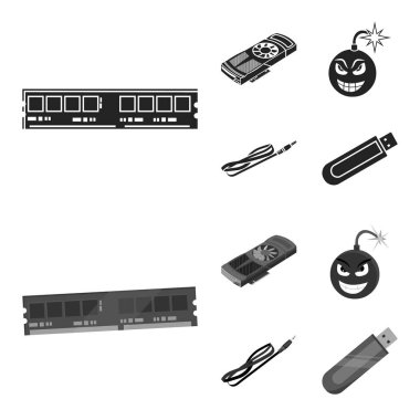 Ekran kartı, virüs, flash sürücü, kablo. Kişisel bilgisayar toplama simgeler siyah, monochrom stil vektör simge stok çizim web içinde ayarla..