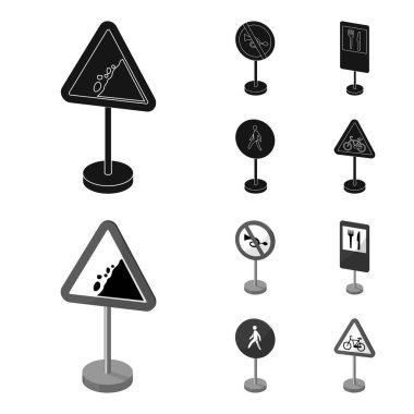 Yol işaretleri siyah farklı türde, monochrom simgeler toplama tasarımı için ayarlayın. Uyarı ve yasağı işaretler sembol stok web illüstrasyon vektör.
