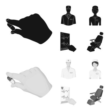 Uzman hekim, Hemşire, kalp, diş sandalye kardiyogram. Medicineset toplama simgeler siyah, monochrom stil vektör simge stok çizim web içinde.