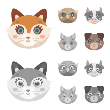 Baykuş, inek, kurt, köpek. Hayvan namlu toplama simgeler çizgi film, tek renkli stil vektör simge stok çizim web ayarla..