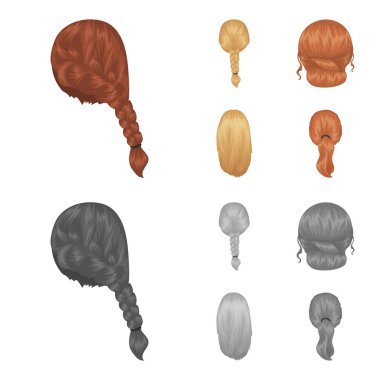 Hafif Örgü, Balık kuyruğu ve diğer türleri saç. Arka saç toplama simgeler çizgi film, tek renkli stil vektör simge stok çizim web ayarla..