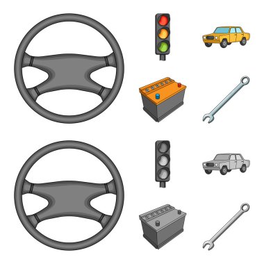 Trafik ışığı, eski bir araba, pil, İngiliz anahtarı, çizgi film, tek renkli stil vektör simge stok çizim web simgeler set araba.
