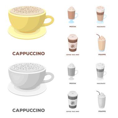 Mocha, macchiato, frappe, kahve al. Farklı kahve toplama simgeler çizgi film, tek renkli stil vektör simge stok çizim web ayarla..