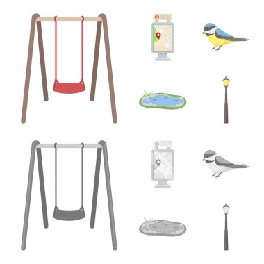 Bölge planı, kuş, göl, aydınlatma direği. Park toplama simgeler çizgi film, tek renkli stil vektör simge stok çizim web ayarla..