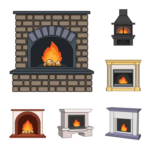 Olika typer av eldstäder tecknad ikoner i set samling för design. Eldstäder konstruktion vektor symbol lager web illustration. — Stock vektor