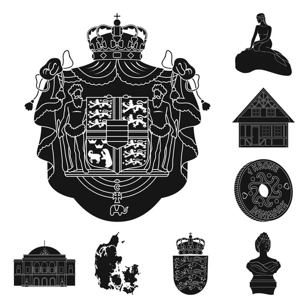 Viajar en Dinamarca iconos negros en la colección de conjuntos para el diseño. Dinamarca y atracciones vector símbolo stock web ilustración . — Vector de stock