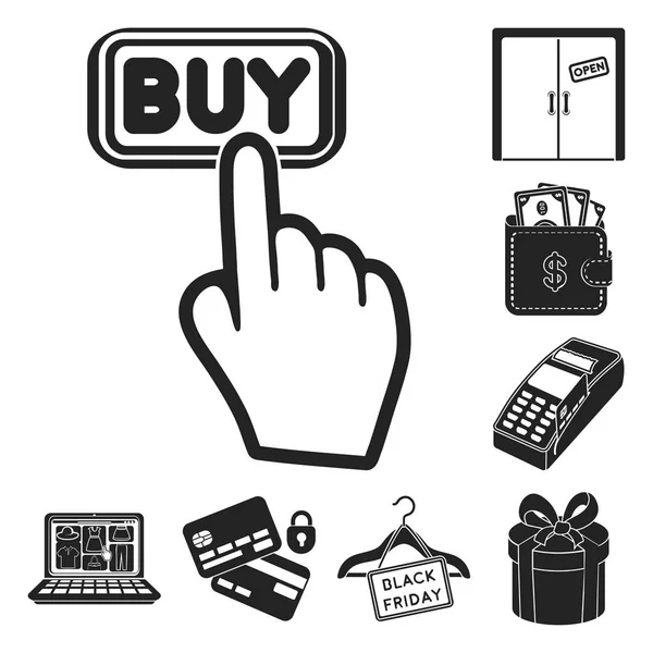 E-commerce, aankoop en verkoop zwarte pictogrammen in set collectie voor design. Handel en Financiën symbool voorraad web vectorillustratie. — Stockvector