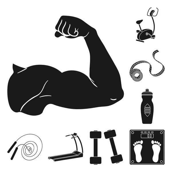 Γυμναστήριο και τα χαρακτηριστικά μαύρα εικονίδια στη συλλογή σετ για σχεδιασμό. Γυμναστήριο εξοπλισμού διάνυσμα σύμβολο μετοχής web εικονογράφηση. — Διανυσματικό Αρχείο