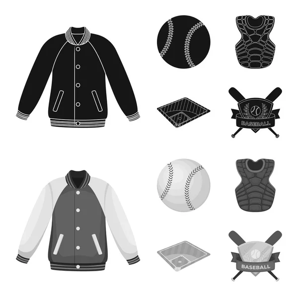 Zona de juegos, chaqueta, pelota, chaleco protector. Béisbol conjunto colección iconos en negro, monocromo estilo vector símbolo stock ilustración web . — Vector de stock