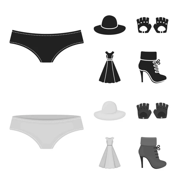 Kalhotky, rukavice, šaty, klobouk. Oblečení sada kolekce ikon v černé, černobílé stylu vektor symbol akcií ilustrace web. — Stockový vektor