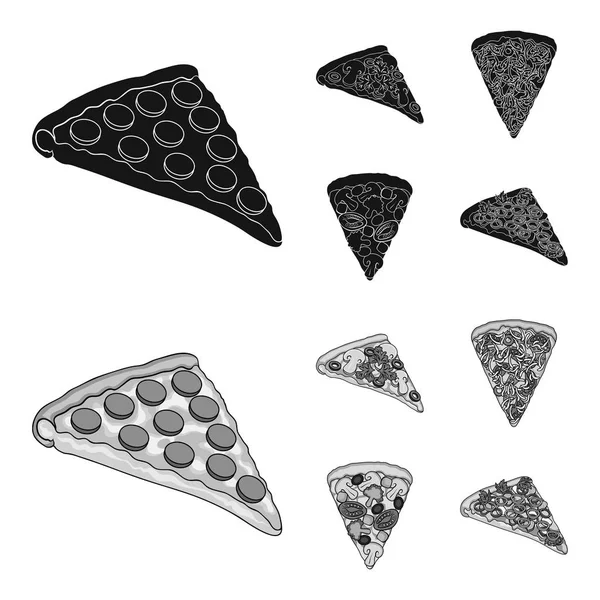 Une tranche de pizza avec différents ingrédients. Différentes icônes de collection de pizza en noir, symbole vectoriel de style monochrome illustration web . — Image vectorielle