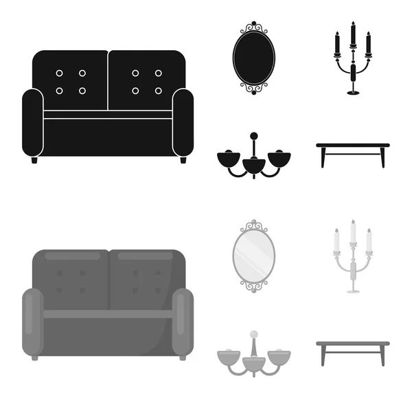 Sofá, espejo, candelabro, candelabro Muebles set colección iconos en negro, estilo monocromo vector símbolo stock illustration web . — Vector de stock