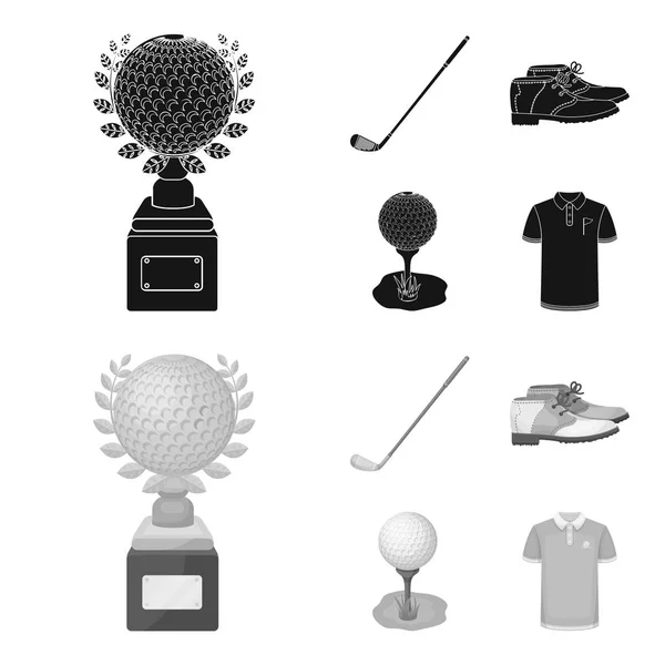 Kupa, golf club, labda, a stand, golfozó cipő. Golf club szett gyűjtemény ikonok fekete, fekete-fehér stílus vektor szimbólum stock illusztráció web. — Stock Vector