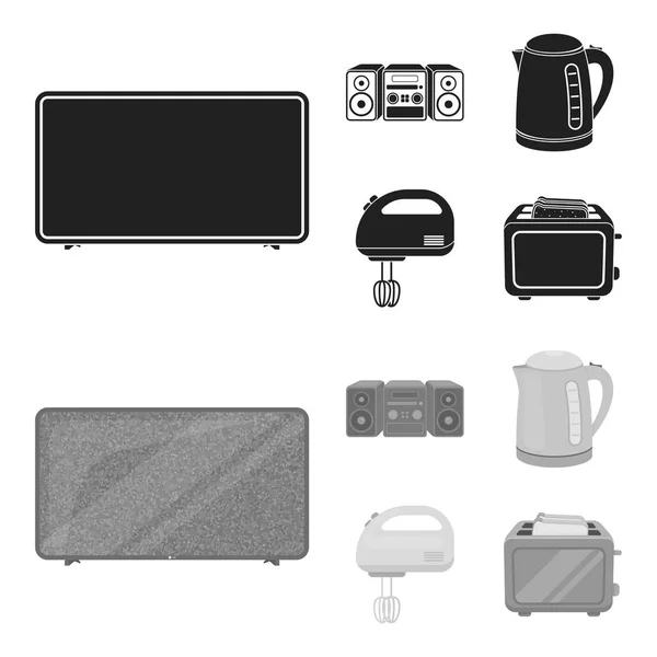 Electric kettle, music center, mixer, toaster.Household set collection icons in black,monochrom style vector symbol stock illustration web. — Stock Vector