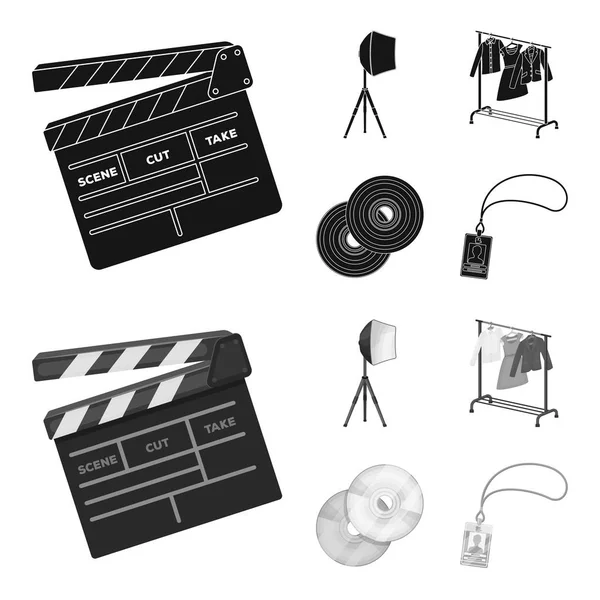 Film, diskler ve diğer ekipmanlar sinema için. Toplama simgeler siyah, tek renkli stil vektör simge stok çizim web içinde ayarla film yapma. — Stok Vektör