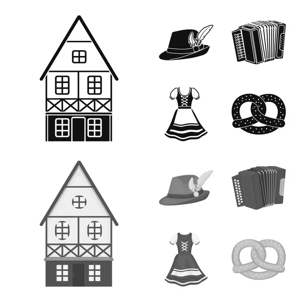 Tiroler hoed, accordeon, jurk, krakeling. Oktoberfest instellen collectie iconen in zwart, monochrom stijl vector symbool stock illustratie web. — Stockvector