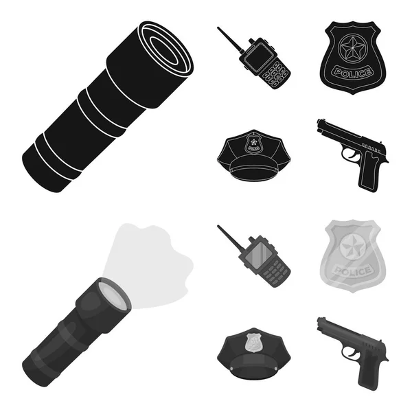 Rádió, rendőr jelvény, egységes sapka, pisztoly. Rendőrség készlet gyűjtemény ikonok-ban fekete, monochrom stílus vektor stock illusztráció web szimbólum. — Stock Vector