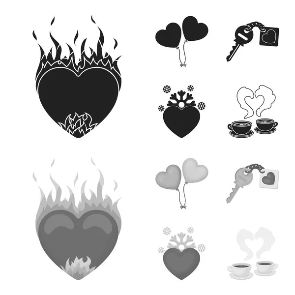 熱い心、風船、魅力、冷たい心を持つキーです。ロマンチックな黒、白黒スタイル ベクトル シンボル ストック イラスト web コレクションのアイコンを設定. — ストックベクタ