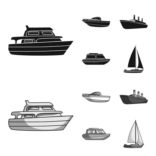Koruma tekne, cankurtaran, kargo gemi, spor yat. Gemi ve Su ulaştırma araçları toplama simgeler siyah, monochrom stil vektör simge stok çizim web ayarla. — Stok Vektör
